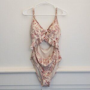 Hurley Floral Cutout One Piece Swimsuit L/G Ruffle Trim Adjustable Tie